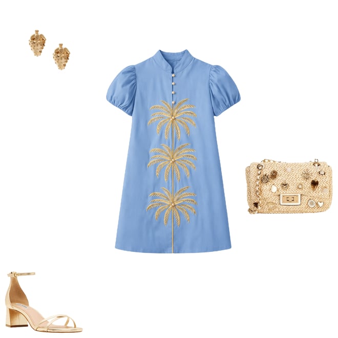 Mestiza New York Elliana Poplin Palm Tree Embroidery Mandarian Collar Short  Puff Sleeve Dress | Dillard's