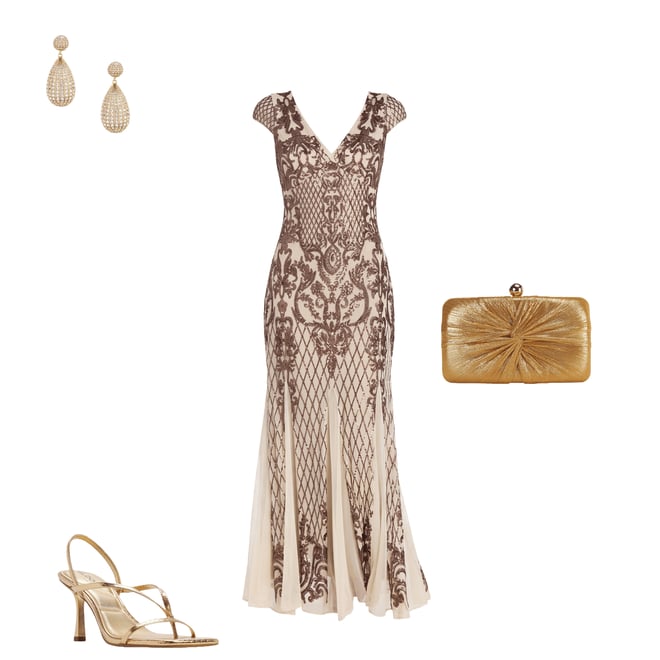 R & M Richards Embroidered Bronze Sequin Cap Sleeve Long Dress | Dillard's