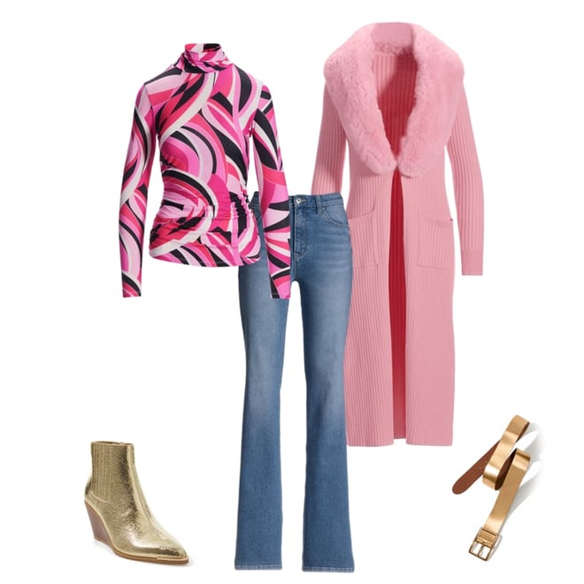 Faux Fur Collar Ribbed Long Cardigan Rose Shadow