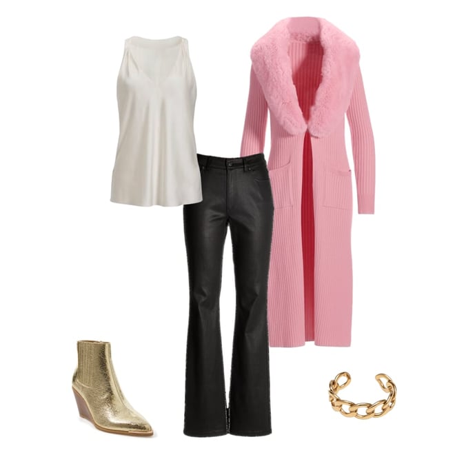 Faux Fur Collar Ribbed Long Cardigan Rose Shadow