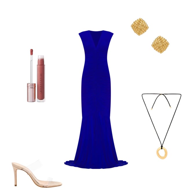 slim fit dress slacks Royal Blue with Sash on Gold Applique Bottom Dress D2141712 – Happy Land main image 0