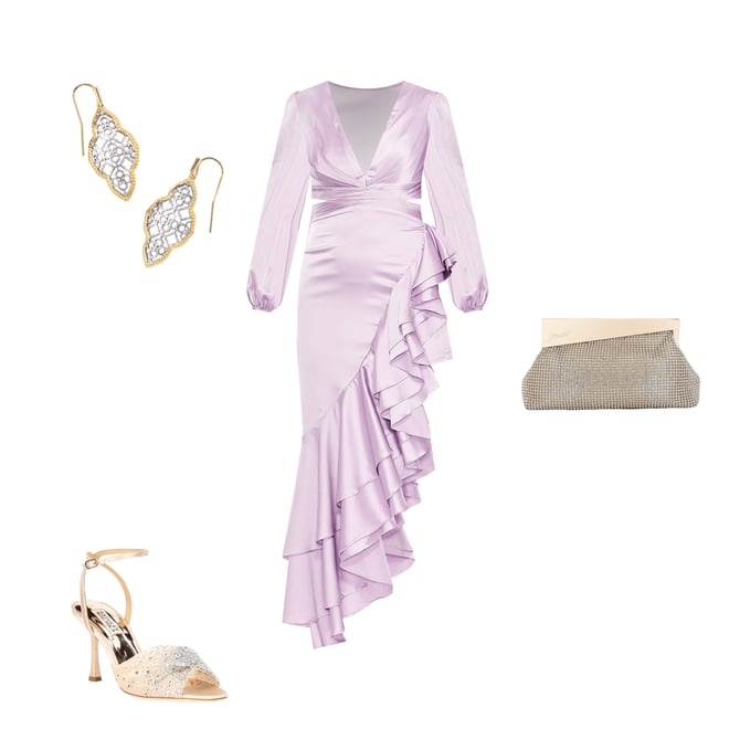 パーティードレス MAC DUGGAL Satin Ruffled Asymmetrical Gown Mac Duggal Satin Deep V-Neck Long Balloon Sleeve Cut-Out