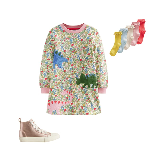 Ida Sweatshirt Applique Dress Multi Meadow Floral Dinosaurs Boden US