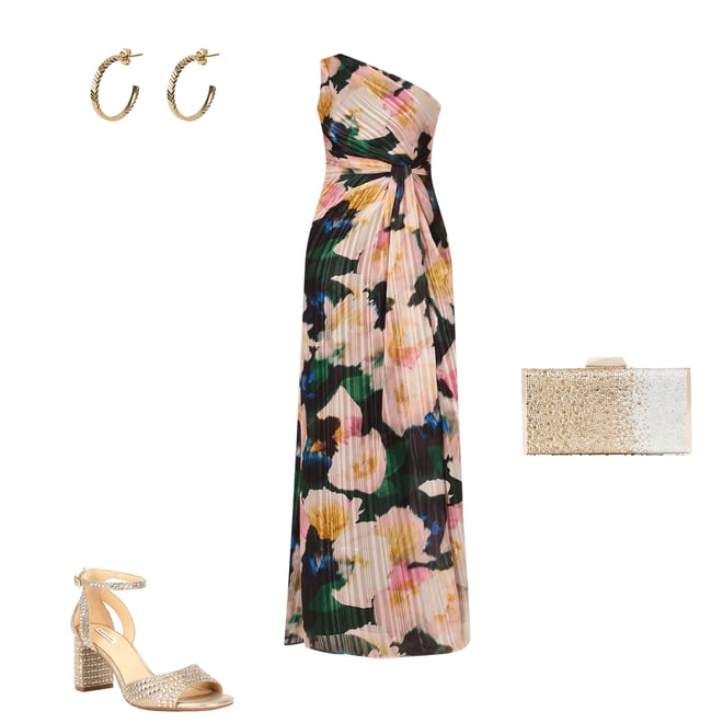 ADRIANNA PAPELL フローラルワンピース Adrianna Papell Floral Metallic Satin One Shoulder