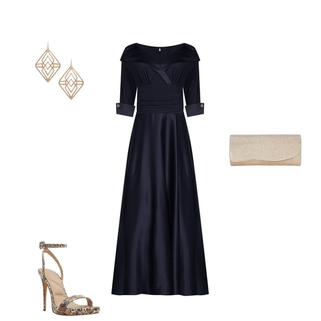 Jessica Howard Portrait Collar V Neck 3 4 Sleeve Rhinestone Cuff Ruched Waist Satin Gown Dillard s