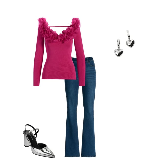 Organza Ruffle V Neck Sweater Raspberry