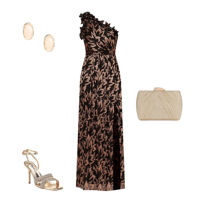 Adrianna Papell Metallic Printed Crinkle Chiffon Ruffle One Shoulder Sleeveless Side Slit Gown Dillard s
