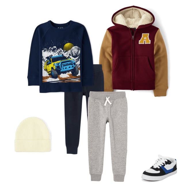 5th bundle featuring 4 items which compliment Boys Varsity Fleece Sherpa Lined Zip Up Hoodie