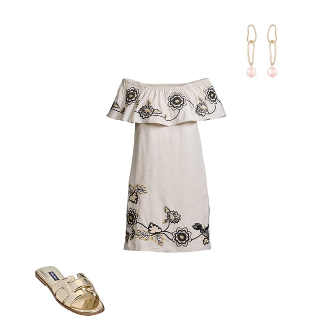Linen Embroidered Off The Shoulder Shift Dress Flax