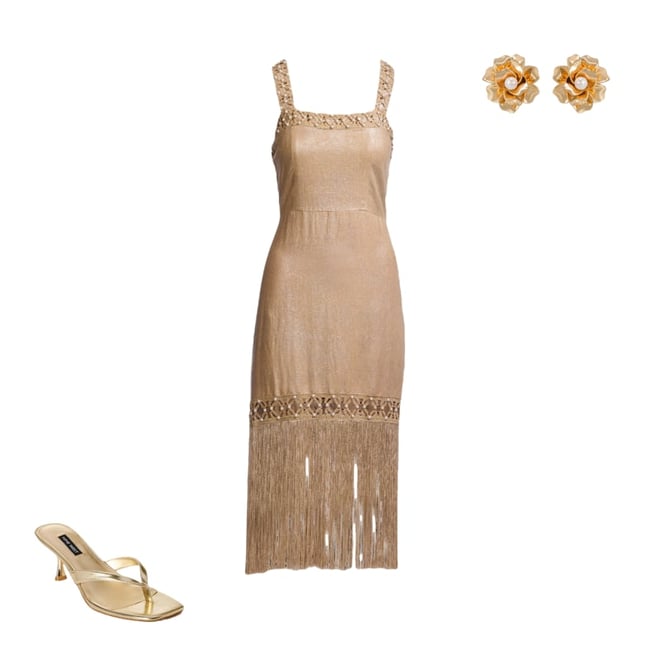 Shimmer Linen Crochet Trim Pearl Embellished Square Neck Fringe Dress Gold