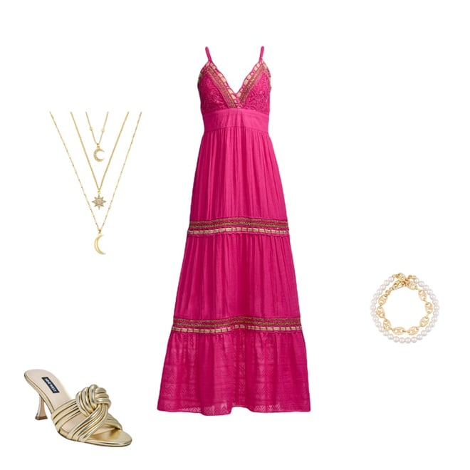 Novelty Lace Inset Metallic Trim Maxi Dress Hot Pink