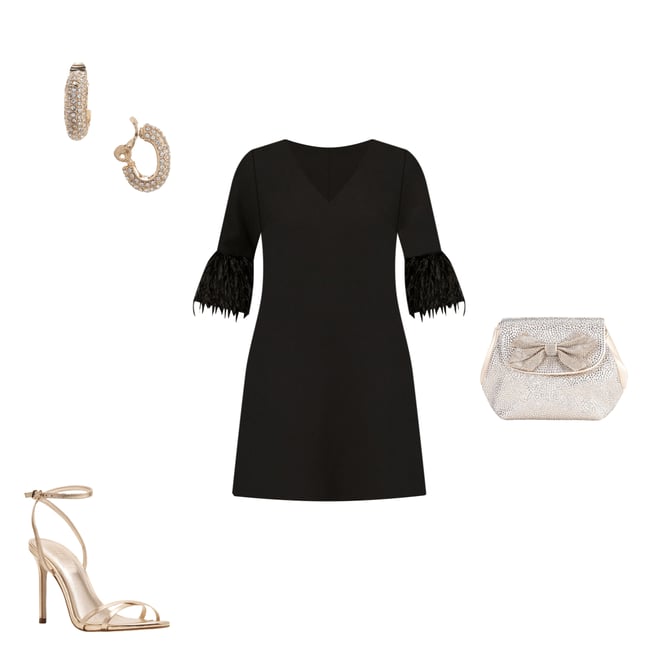 Aidan Mattox V-Neck 3/4 Sleeve Feather Trim Trapeze Dress