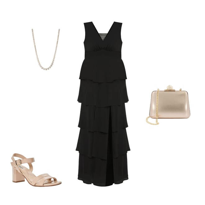 R & M Richards Sleeveless V-Neck Tiered Skirt Front Slit