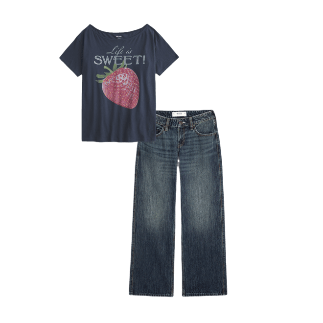 Oversized Off-the-Shoulder Strawberry Graphic Tee
