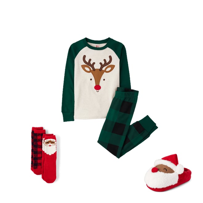 Unisex Kids Christmas Long Raglan Sleeve Reindeer Face Snug Fit Cotton Pajamas GREEN The Children s Place