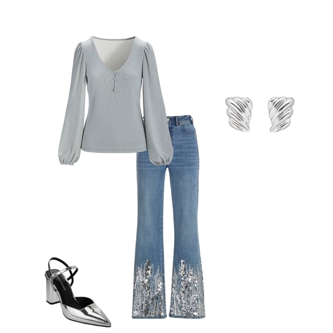 Metallic Henley Knit Top Silver