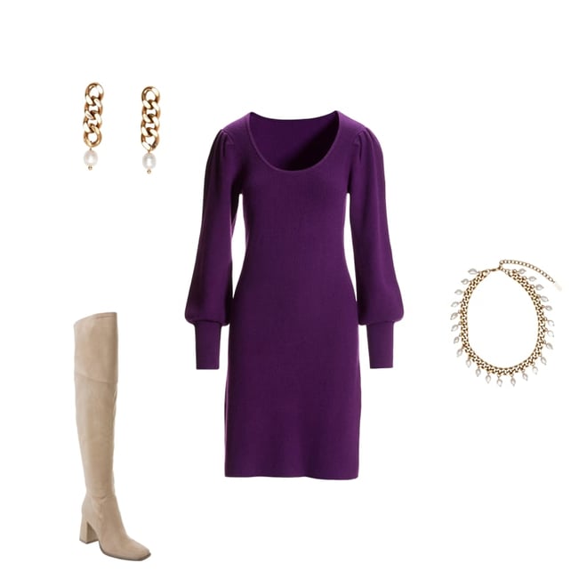 Scoop Neck Balloon Sleeve Sweater Dress Grape Juice