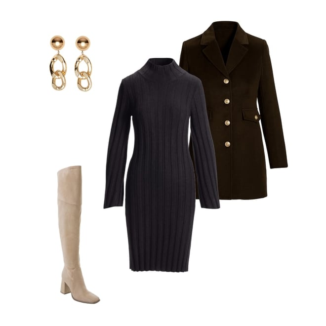 Turtleneck Bell Sleeve Wide Rib Sweater Dress Camel