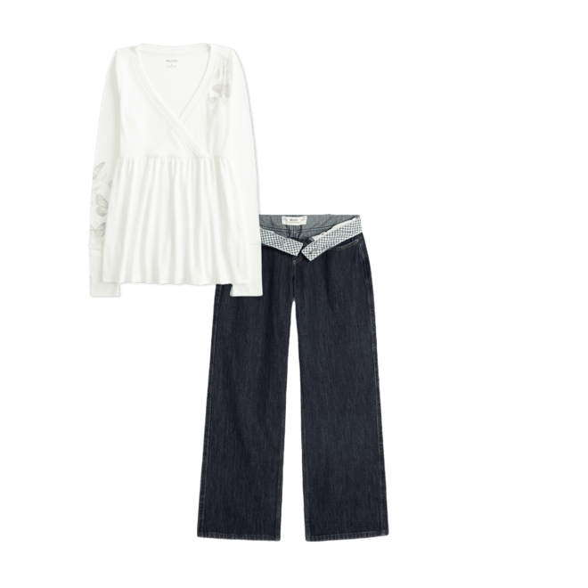 Curvy Low-Rise Dark Wash Foldover Waist Baggy Jeans