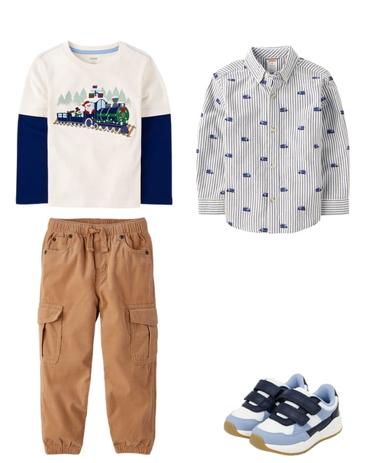 Boys Long Sleeve Schiffli Train Oxford Button Up Shirt - Little