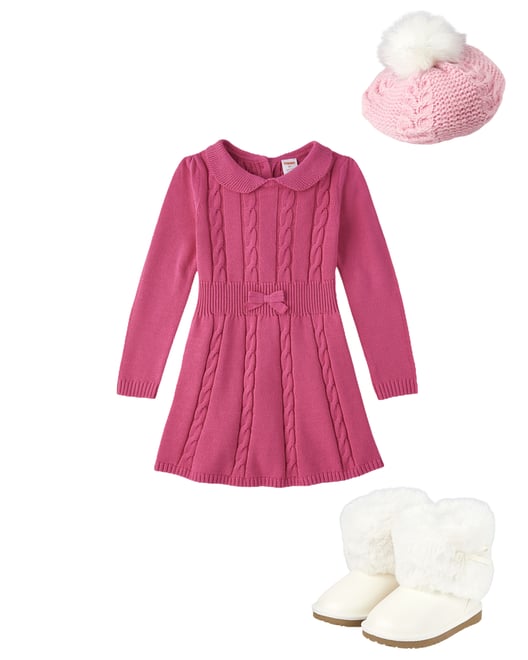 Girls Long Sleeve Cable Knit Sweater Dress - Little