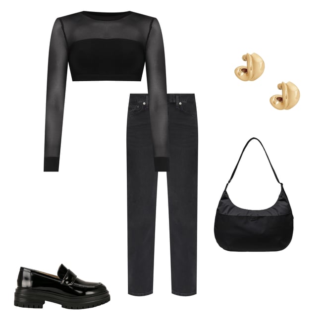 1st bundle featuring 4 items which compliment X Revolve Crewneck Banded Midriff Top in Black Mesh