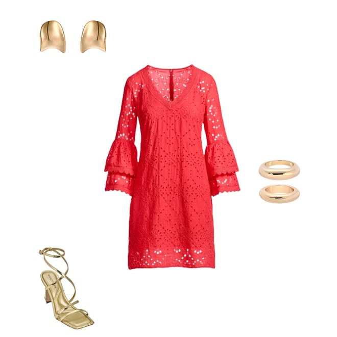 Lace Trim Tiered Sleeve Eyelet Shift Dress Hibiscus