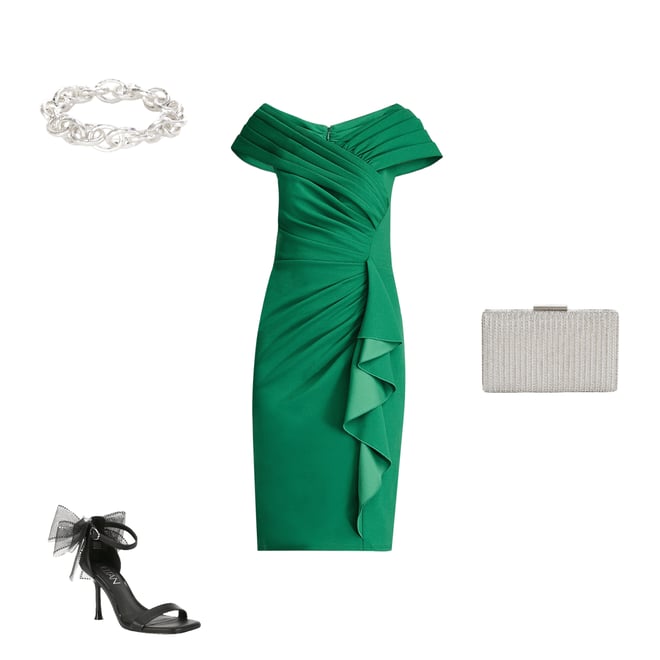 Tadashi Shoji Emerald Silk offers Off the Shoulder Dress