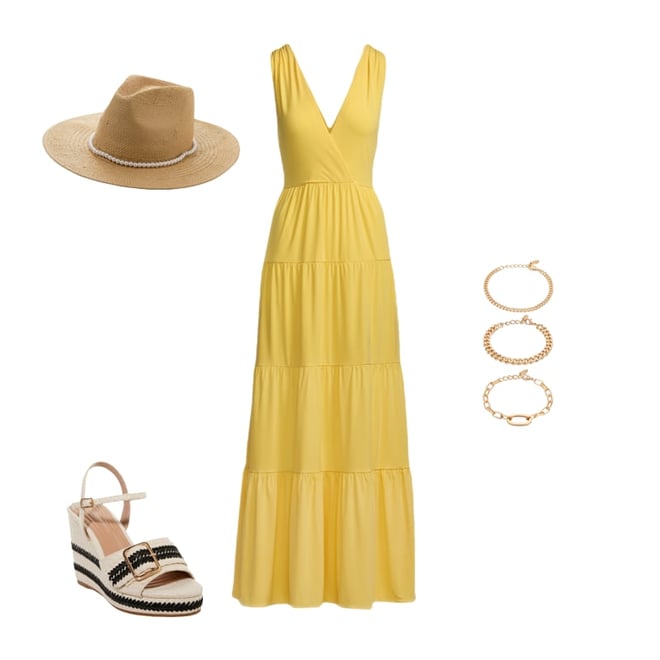V Neck Tiered Knit Maxi Dress Lemon Drop