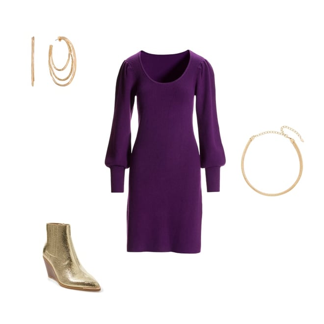 Scoop Neck Balloon Sleeve Sweater Dress Grape Juice