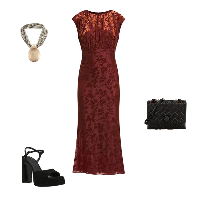 burgundy kimono dress Leaf Embroidered Kimono Sleeves Midi Dress in Burgundy main image 0