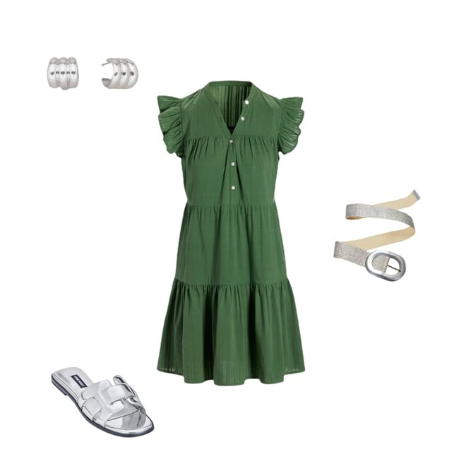 Shadow Stripe Cotton Tiered Shift Dress Olive