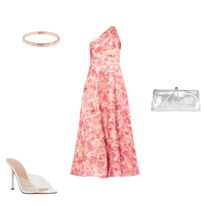 Aidan Mattox Floral Printed Metallic Jacquard One Shoulder
