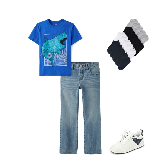 2nd bundle featuring 3 items which compliment Boys Shark Graphic Tee