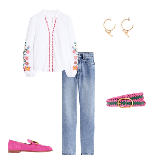 Embroidered Frill Neck Blouse-White, Multi Floral Embroidery Embroidered Frill Neck Blouse-White, Multi Floral Embroidery