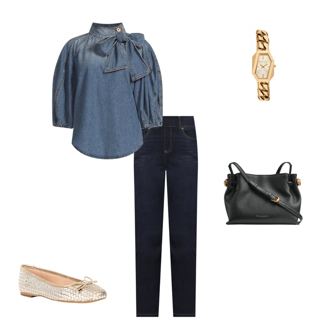 A Loves A Denim 3/4 Puffed Sleeve Pleated Shoulder Tie Neck
