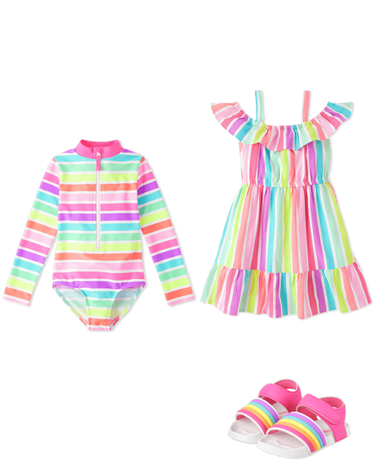 Girls Rainbow Striped Linen-Blend Off Shoulder Dress - Swim