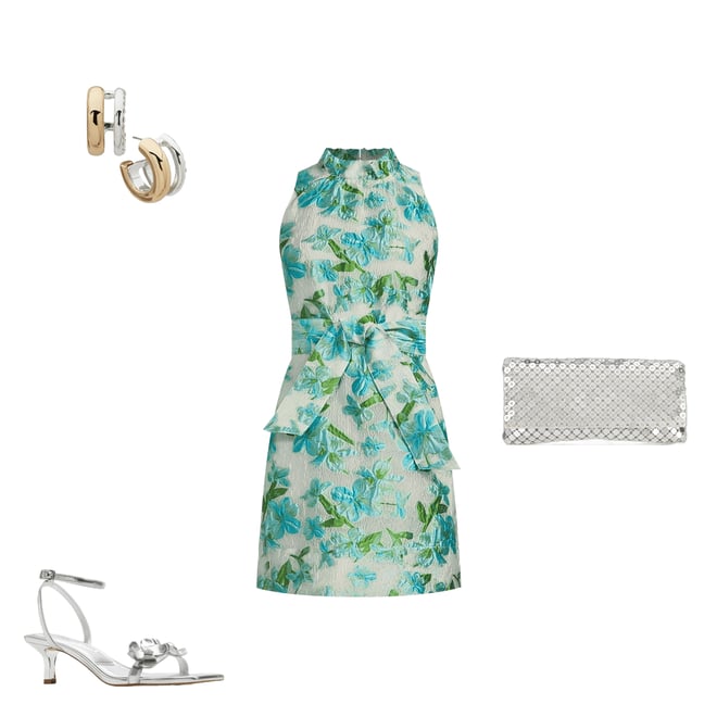 Abbey Glass Betty Ruffle Mock Neck Tie Waist Floral Mini