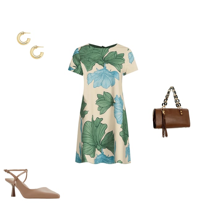 New Round Neck Print Cropped Sleeve A-Line Dress