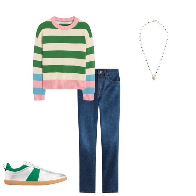 Lucinda Cotton Striped Sweater-Paradise Green, Pink Cuff