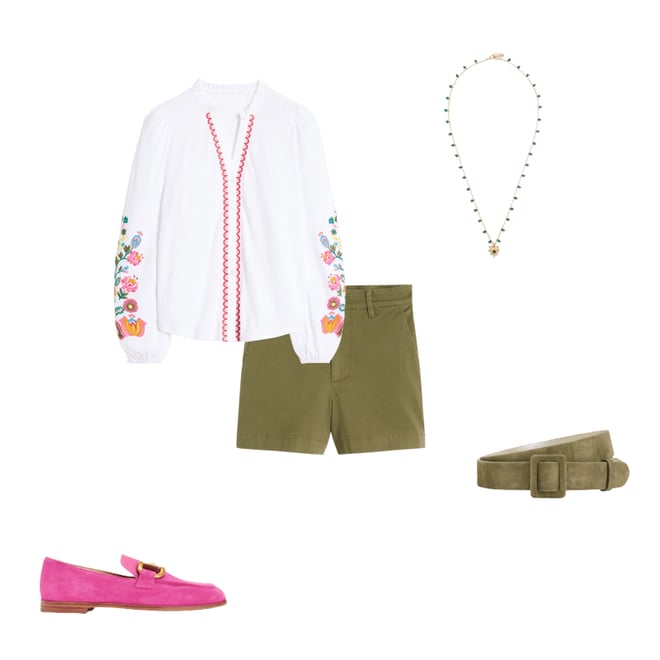 Embroidered Frill Neck Blouse-White, Multi Floral Embroidery Embroidered Frill Neck Blouse-White, Multi Floral Embroidery