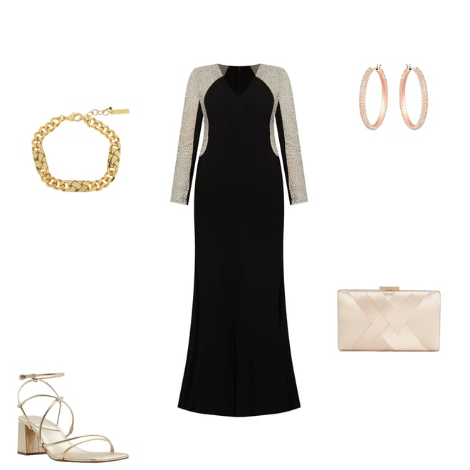 Xscape Plus Size Long Sleeve V-Neck Crystal Beaded Gown