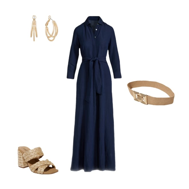 Linen Three Quarter Sleeve Maxi Shirt Dress Flax