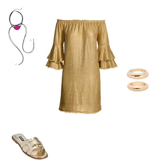Linen Off The Shoulder Tiered Sleeve Shift Dress Gold