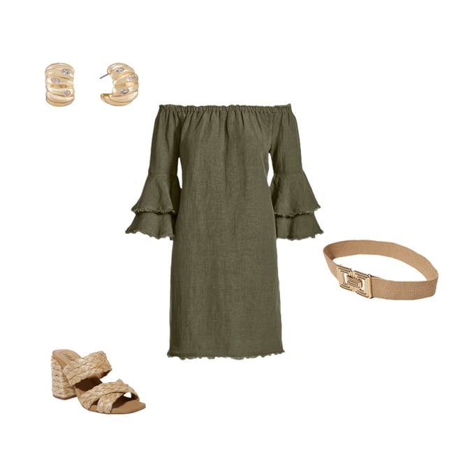 Linen Off The Shoulder Tiered Sleeve Shift Dress Olive Night
