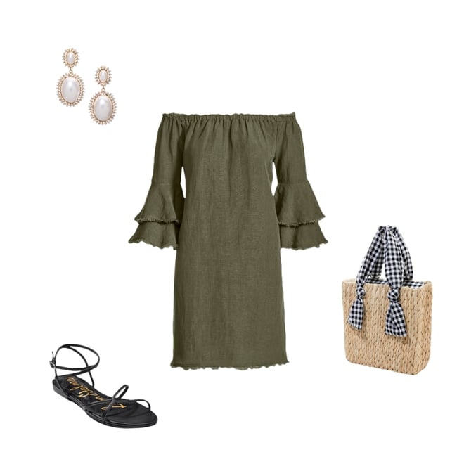 Linen Off The Shoulder Tiered Sleeve Shift Dress Olive Night