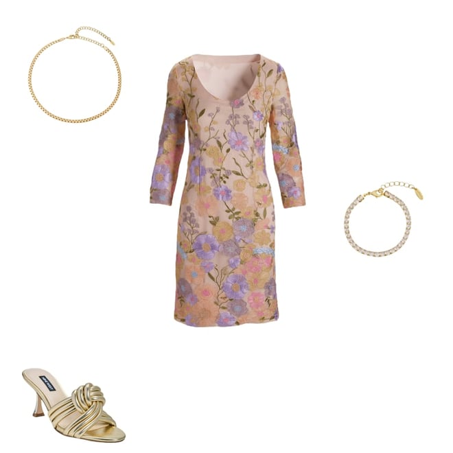Pastel Embroidered Mesh Three Quarter Sleeve Sheath Dress Multi