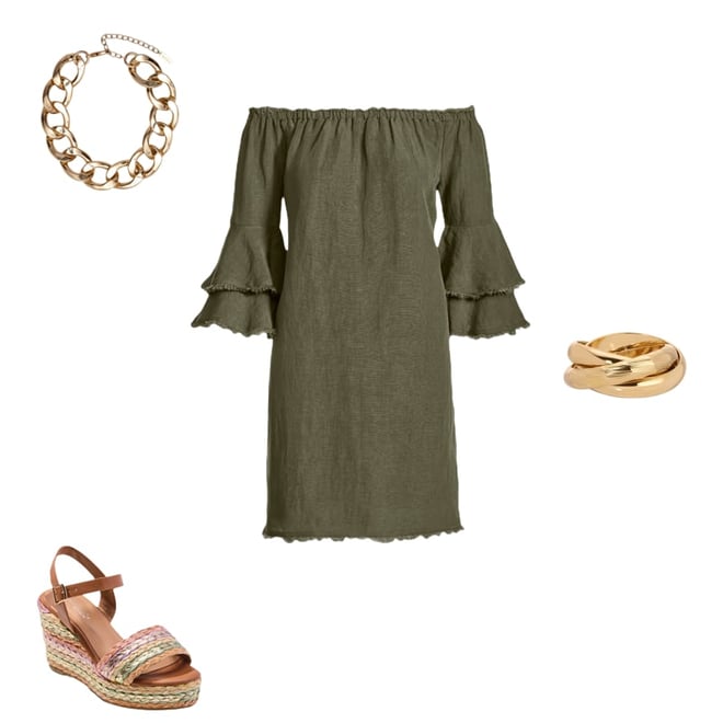 Linen Off The Shoulder Tiered Sleeve Shift Dress Olive Night