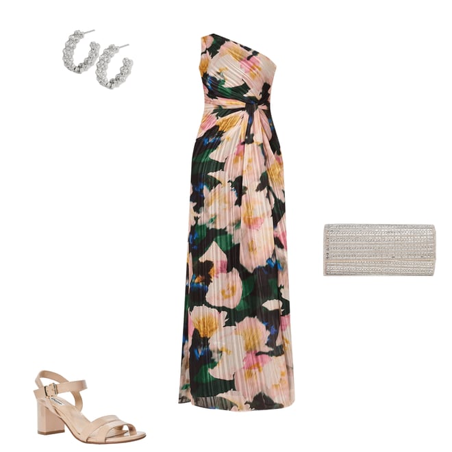 Adrianna Papell Floral Metallic Satin One Shoulder