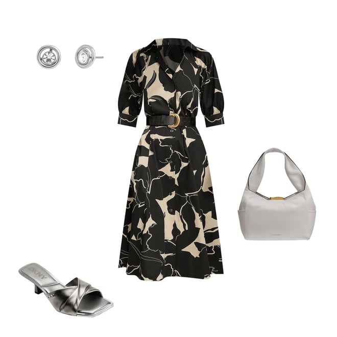 Donna Karan Printed 3/4 Sleeve Notch Collar Belted Side